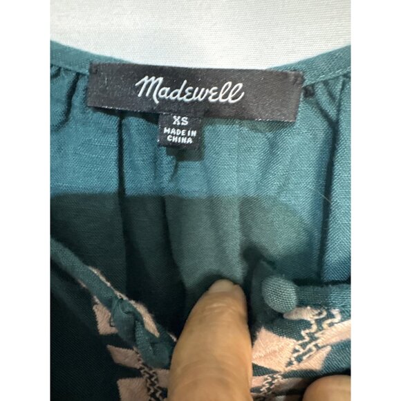 Madewell XS Teal Dress With Beige Embroidered Detail Short Sleeves Tiered Skirt - Picture 3 of 6